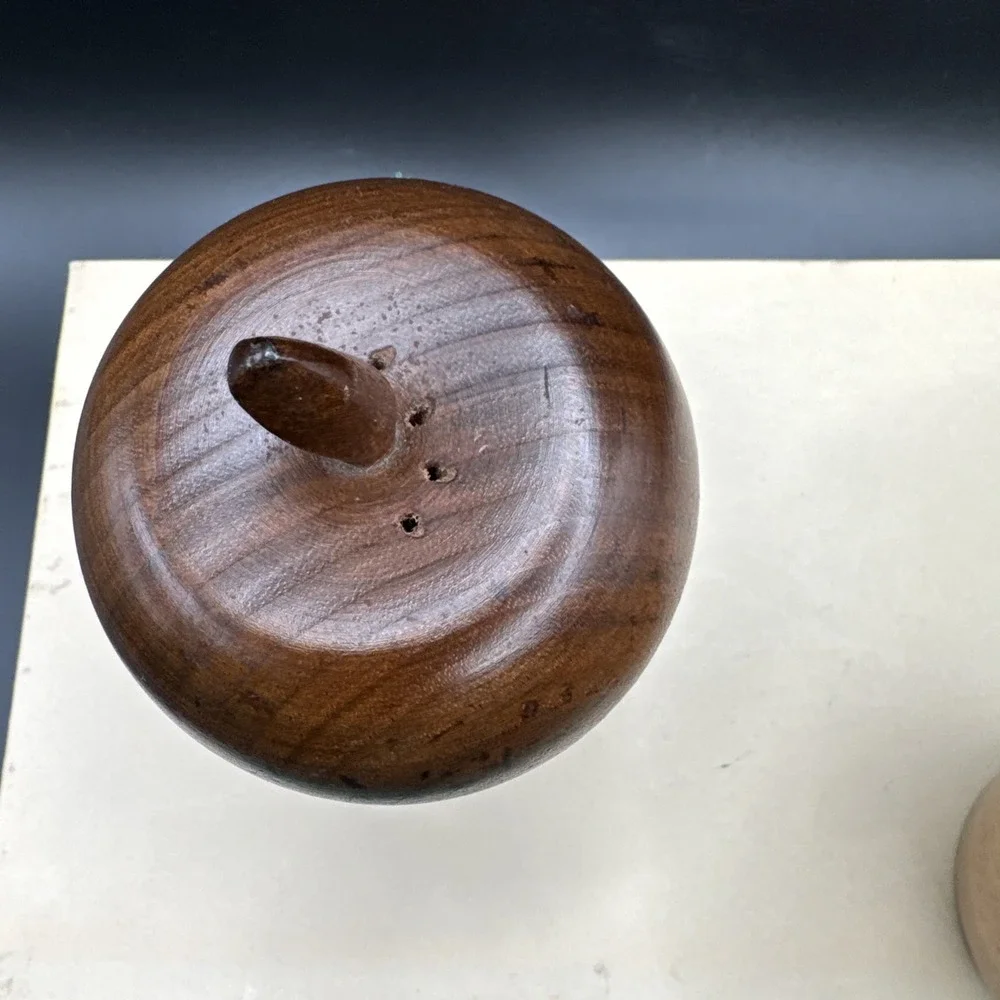 Salt & Pepper Shakers Set Carved Apple Wood w Cork‎ Stoppers Vintage 60s MCM
